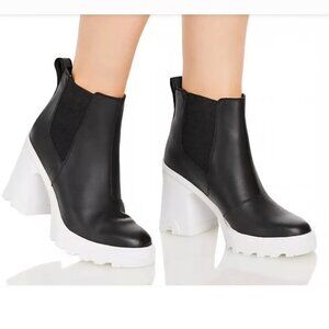 NEW SOREL Leather Brex Heel Chelsea Booties in Black white for women 825 7S3
